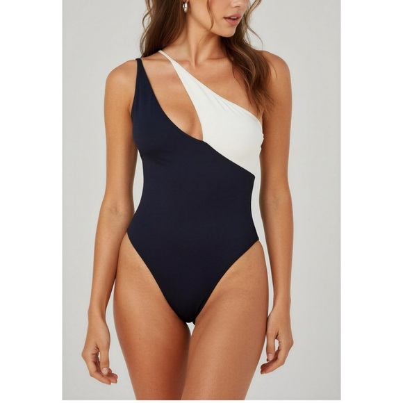 L*SPACE Raquel One Shoulder One Piece Swim, Black/Cream, Large - Picture 2 of 10